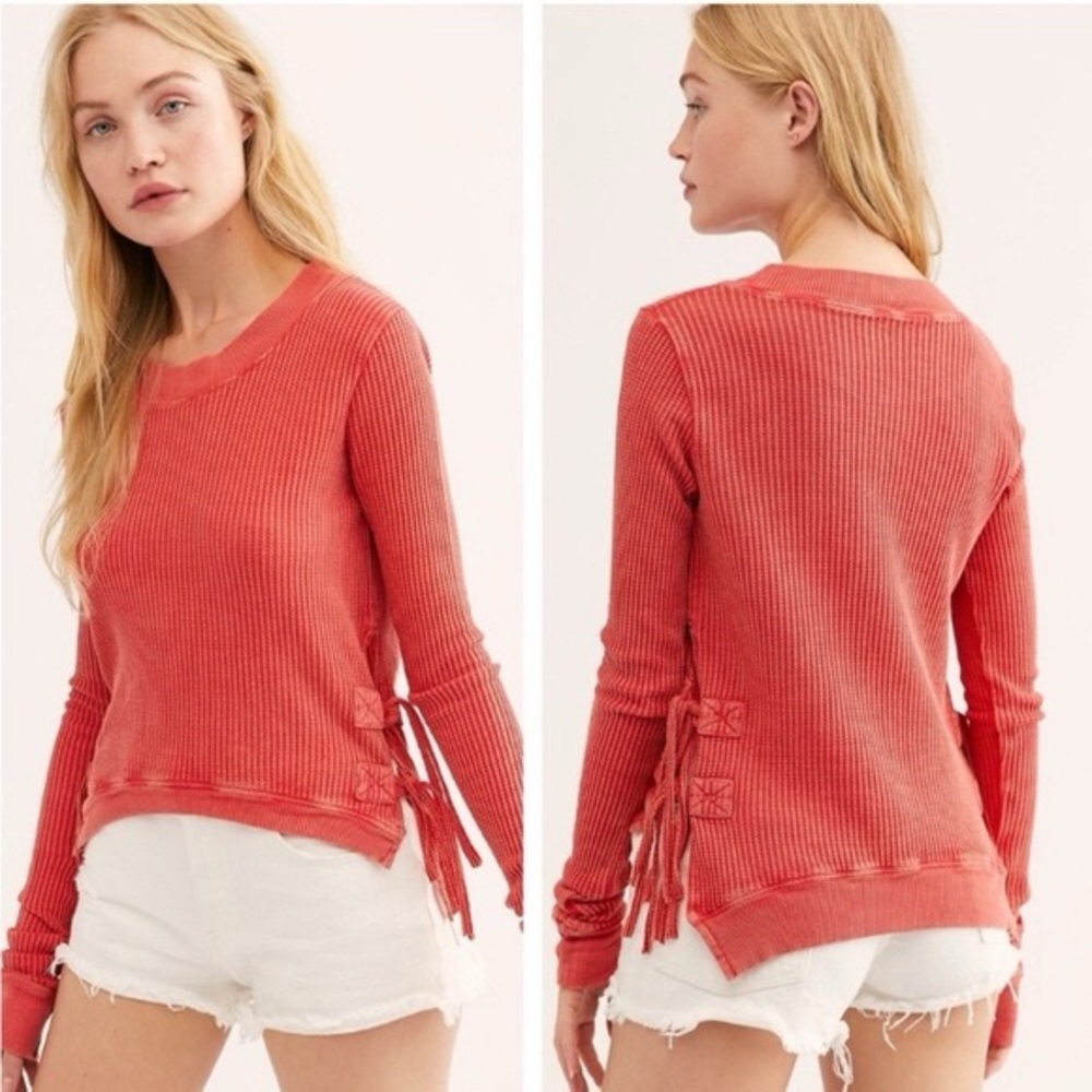 Free‎ People One interlaken thermal waffle knit long sleeve side tie red top XS